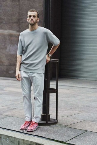 Colored sneakers (e.g. red or navy) + gray pants